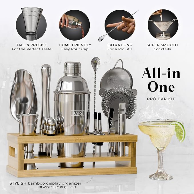 BARE BARREL® Mixology Bartender Kit Bar Set | 16-Piece Cocktail Shaker Set | Martini Barware Mixing Tools for Home Bartending | Incl. 35 Recipe Cards | Gift Set (24oz Cobbler Shaker, Silver/Natural)