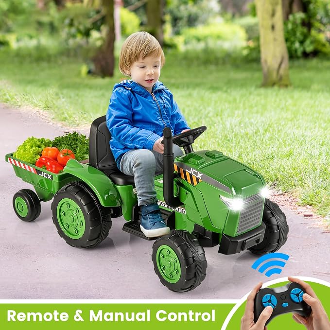 OLAKIDS 12V Kids Ride on Tractor, Battery Powered Motorized Electric Car with Trailer, Dual Motors, Remote Control, Light, Music, USB, Toddler Vehicle Toys for Boys Girls (Green)