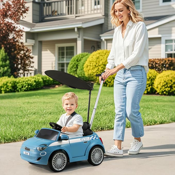 OLAKIDS Push Car for Toddlers, 3 in 1 Licensed Fiat 500e Baby Sliding Walking with Parent Control Handle Adjustable Canopy Footrest, Kids Ride on Toys with Horn for Boys Girls (Blue)