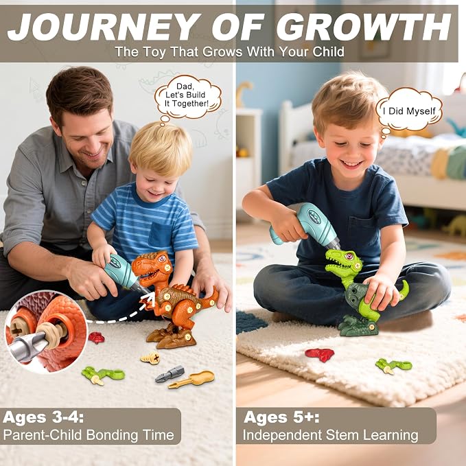 Laradola Assemble Dinosaur Toys for Kids: 3 Pack STEM Construction Building Set with Electric Toy Drill & Screwdrivers - Birthday Gift for Boys Girls Ages 3-5 5-7