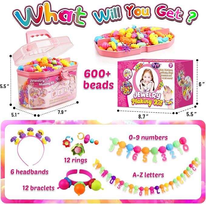 FUNZBO 650pcs Pop Beads - Jewelry Making Kit for 3 4 5 6 7 8 Year Old Little Girls, Arts and Crafts Toys for Kids, Necklace Bracelet Creativity Snap Set Birthday Gifts