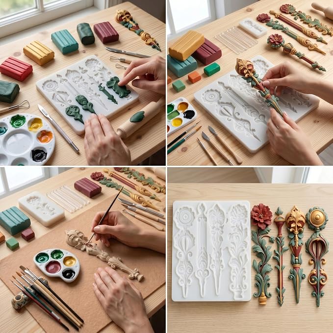 Baroque Relief Flower Silicone Mold Baroque Leaves Scroll Lace Polymer Clay Molds for DIY Craft Epoxy Resin Casting Polymer Clay Tools Crafts Air Dry Jewelry Making