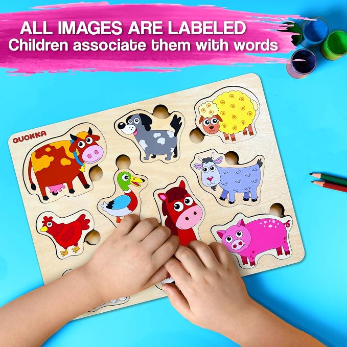 QUOKKA Farm Animals Wooden Puzzles for Toddlers 3-5 - Toddler Puzzles 1-3 Years Old - Gift Domestic Animals Educational Toys for Boys & Girls - Wood Games for Children's Learning 2-4