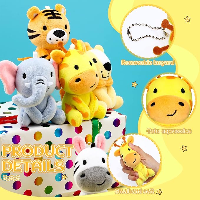 Aoriher 6 Pcs Small Stuffed Animals, 4 Inch Mini Stuffed Woodland Safari Animals Including Lion, Giraffe, Elephant, Tiger, Hippo for Baby Shower, Birthday Party Decorations and Student Rewards(Lovely)