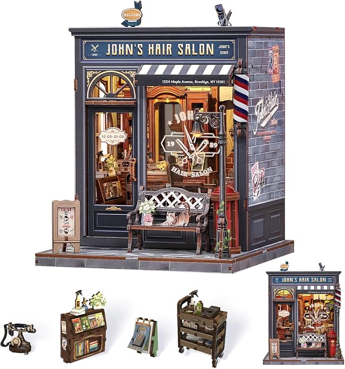 Book Nook Kit - DIY Adult Miniature Dollhouse, Hair Salon Themed, 3D Wooden Puzzle Bookend, Bookshelf Decor Gift for Family and Friends (John's Hair Salon)