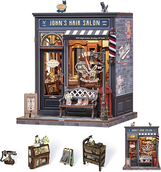 Book Nook Kit - DIY Adult Miniature Dollhouse, Hair Salon Themed, 3D Wooden Puzzle Bookend, Bookshelf Decor Gift for Family and Friends (John's Hair Salon)