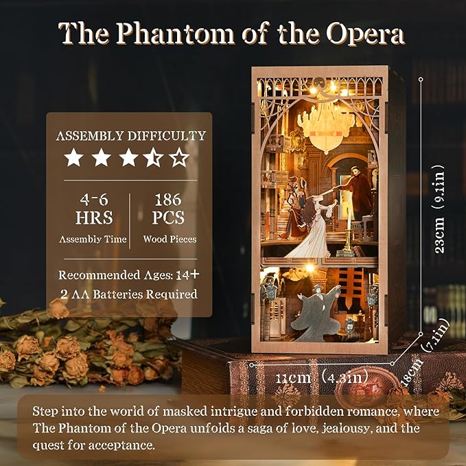 CCCDF Book Nook Kit, DIY Miniature Dollhouse Booknook Kit, 3D Wooden Puzzle Bookend Bookshelf Insert Decor with LED Light for Teens and Adults (Phantom of The Opera)