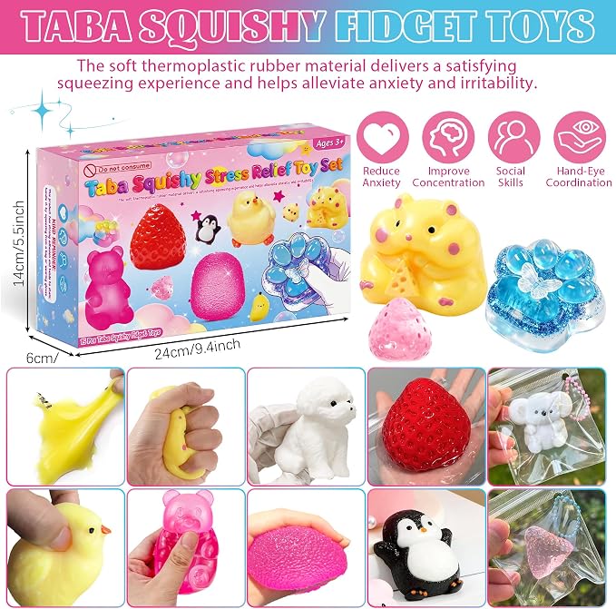 15Pcs Taba Squishies Kit, Squishies Fidget Toys, Including Strawberry, Cat Paw, Hamster Toy, Stress Relief Toys Party Favors for Kids 4-8 8-12, Sensory Toys Birthday Easter Gifts