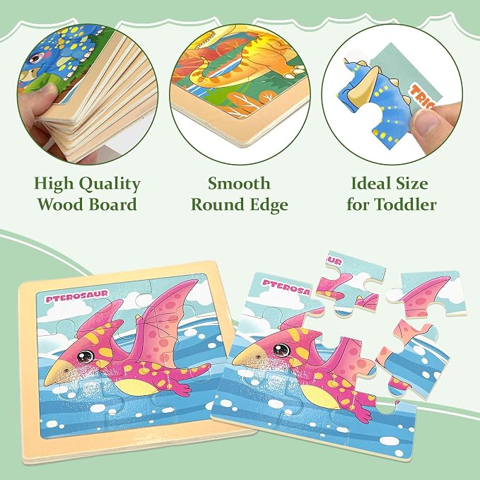 Wooden Dinosaur Puzzles for Toddlers, 8 Pack 9 PCS Jigsaw Puzzles for Kids, Wooden Puzzles for Toddlers 3-5, Dinosaur Toys for Kids 3-5, Preschool Puzzles Learning Educational Sets Toys