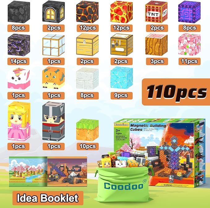 Coodoo 110PCS Magnetic Blocks - Build Mine Magnet World Magic Sword Portal Set, Magnet Kids Toys for Boys & Girls Age 3-5 4-8 5-7, STEM Magnetic Tiles Building Games Sensory Outdoor Toddler Toys