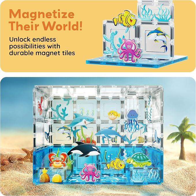 PicassoTiles Magnet Tiles Magnetic Building Blocks Aquarium Marine Animal Theme Set with 8 Character Action Figures Shark Crab Turtle STEM Toys Construction Preschool Toddlers Kids Boys Girls 3+ PTQ15