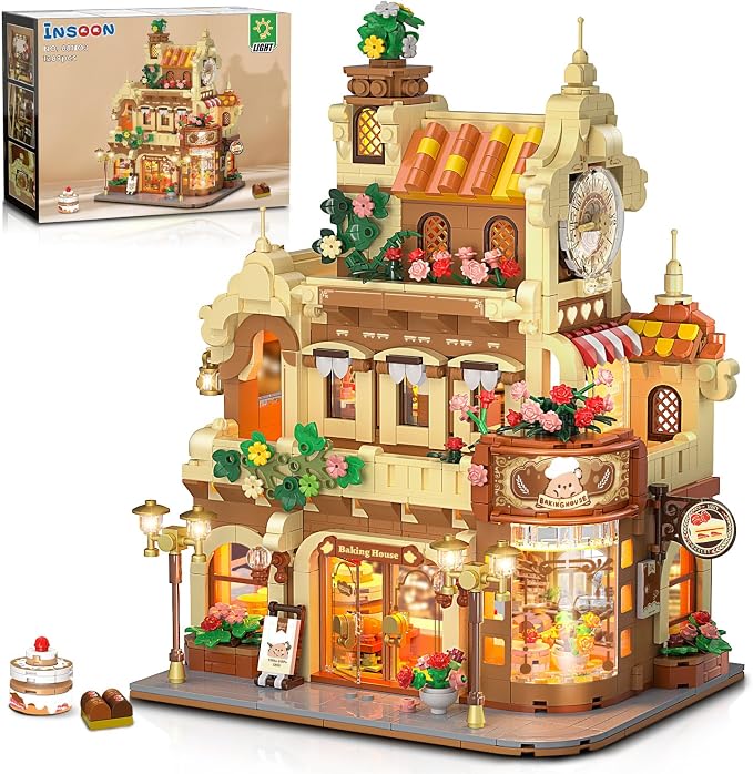 INSOON City Bakery Cafe House Building Set with Light, 1289 PCS Baking Shop Building Block Toy with Coffee Cake Bread Bakery Room, Pastry Construction Model for Adults Teens Kids Boys Girls Ages 8-12+