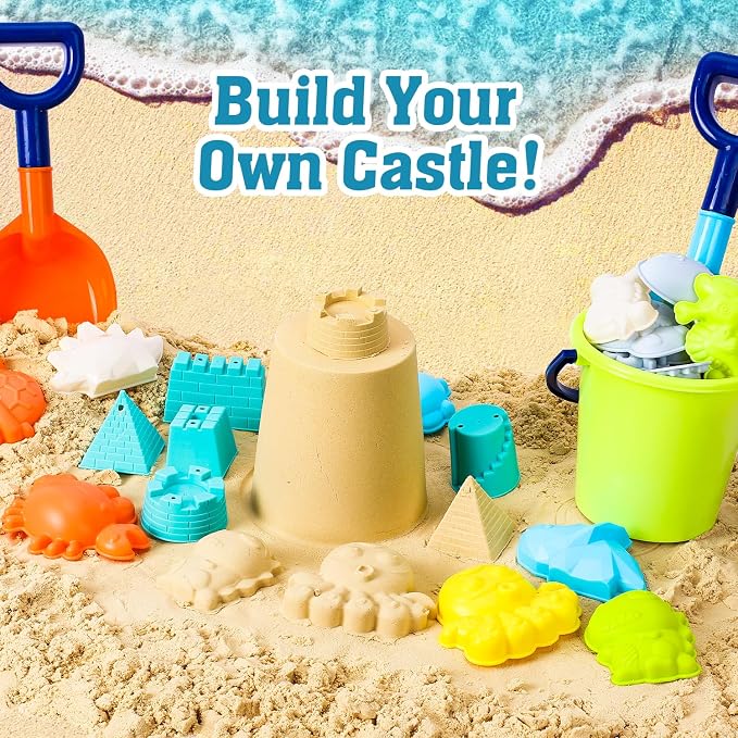 TOY Life 29 Pcs Dinosaur Beach Toys Sand Toys Toddlers with Castle Bucket Shovels & Sand Castle Building Kit Molds, Sandbox Toy Travel, Beach Party, Fishing, Summer Toy Activities