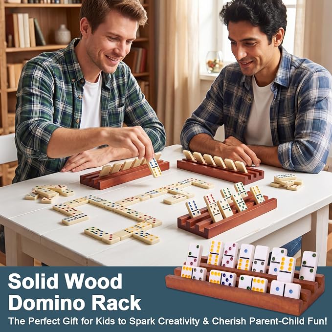 Soulchen Walnut Wood Color Wooden Domino Racks Set of 4, Wood Domino Tiles Trays Holders Organizer for Mexican Train Classic Board Accessories, Dominoes Not Included (7.1 x 2.8 Inch)