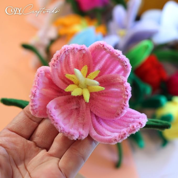 WeVeel Cozy Craftworks Chenille Stem Flower Craft Kit for Adults – CC 4 Flowers Bundle – Relaxing DIY Arts & Crafts Kit with All Supplies