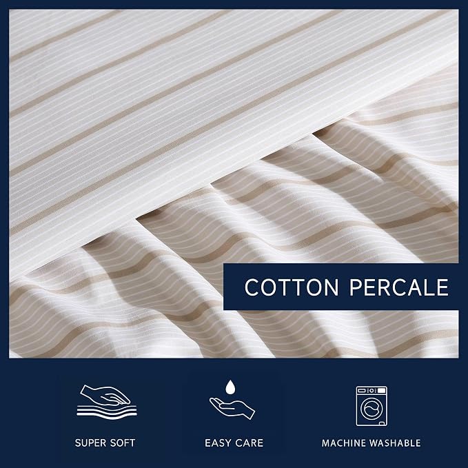 Nautica - Queen Sheets, Premium Cotton Percale Bedding Set, Striped Home Decor, Oeko-Tex Certified (Merrick Stripe Beige, Queen)