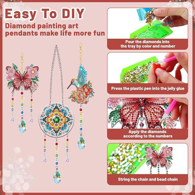 Arts and Crafts for Girls Ages 6-12, DIY Diamond Painting Kits for Kids Teens Adults, Birthday Gifts for 6 7 8 9 10 11 12 Year Old Girls, Butterfly Flower Bird Wind Chimes for Home Garden Decor