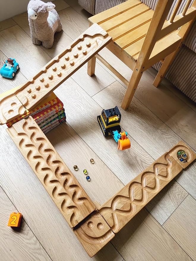 Wooden Marble Run Track Montessori STEM Toy for Kids Race Machine & Maze Board Educational Wooden Roller Track Game Set of 3 Run Gift for Children