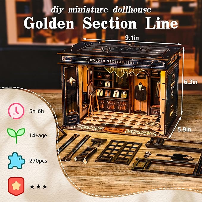 DIY Miniature Dollhouse Kit with LED Light, 3D Wooden Puzzle Book Nook Kit for Adults and Teens, Creative Tailor Shop Model Kit to Build, Home Decor Hobby Gift (Golden Section Line)
