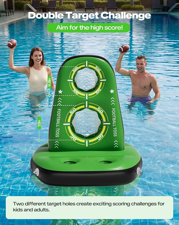 Inflatable Pool Football Toss Games, Water Football Target with 4 Balls & 2 Pumps, Stable Base & Dual Net Design, Outdoor Pool Toys for Kids & Adults