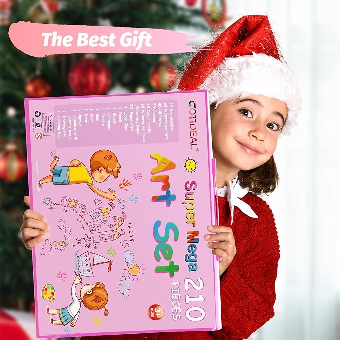 GOTIDEAL Art Supplies,Kids Art Set,210 PCS Art Kit for Kids Age 6-12 with Trifold Easel, Kid Drawing kit with Coloring Book, Crayons, Markers, Watercolor Pens,Gift for Boys and Girls(Pink)
