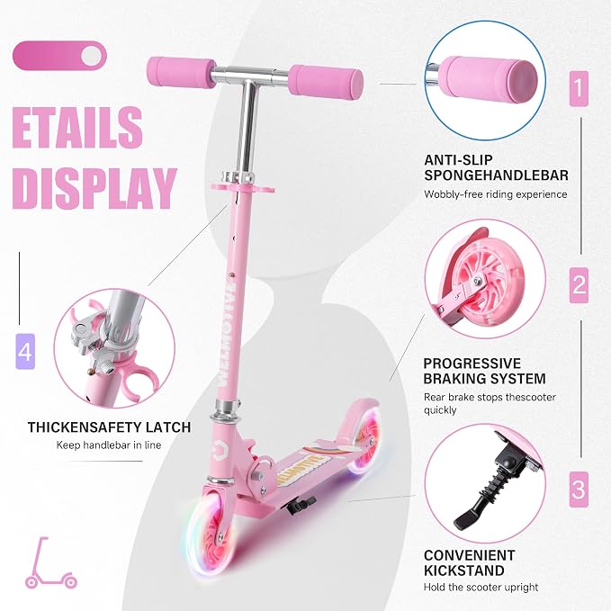 Kick Scooter for 3+Years Old Boys & Girls Lightweight, Foldable, Aluminum Frame, and Adjustable Handlebars, Rear Brake, and Flashing Light up Wheels