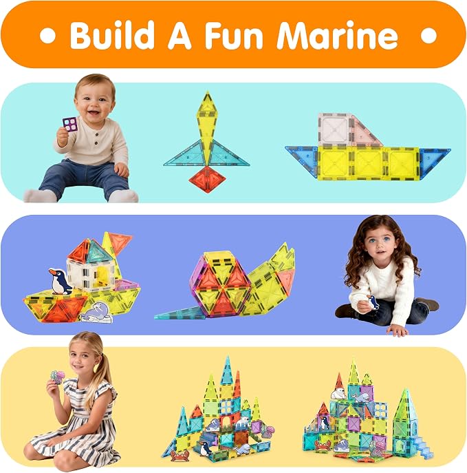 Magnetic Tiles Marine Animals 51PCS, STEM Toys Magnet Building 3D Blocks for Kids Ages 3 4 5 6 7 8, Toddler Construction Stacking Tiles Toys Gifts for Boys Girls 3+