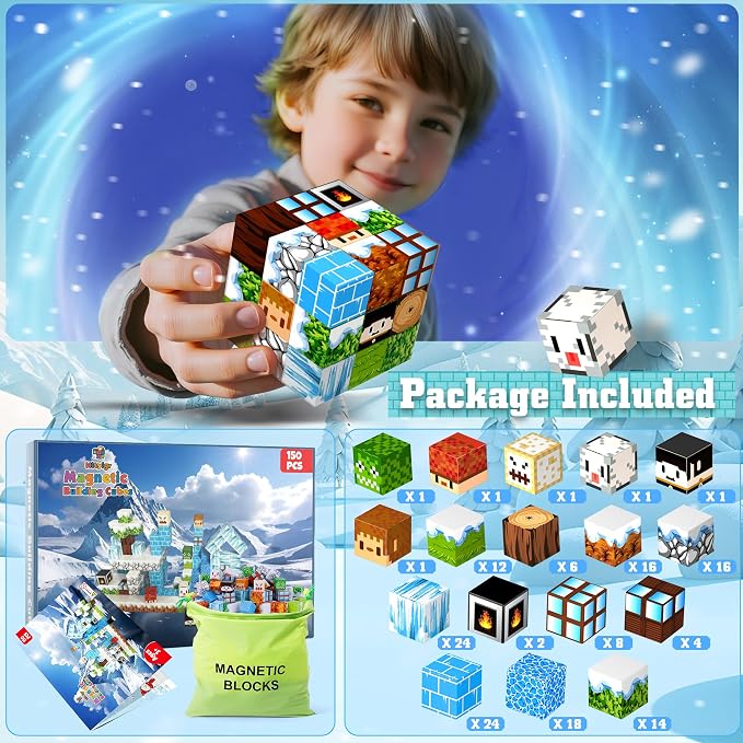 150PCS Magnetic Blocks, Magnetic Building Blocks, Magnet Blocks Cubes, STEM Educational Stacking Magnet Toy for Kids Ages 3 4 5 6 7 8 9 10 11 12, Birthday Gifts for Boys and Girls - Snow World