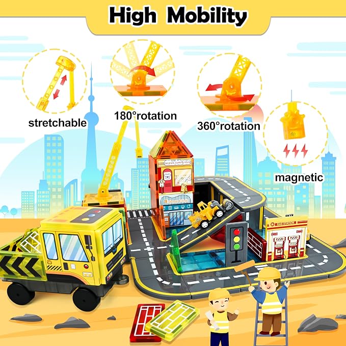 Drofex Magnetic Tiles Road Set with 2pcs Magnetic Crane, Creative Construction Toys for Kids Ages 3-12, Boys & Girls, Engineering Themed Magnetic Building Blocks