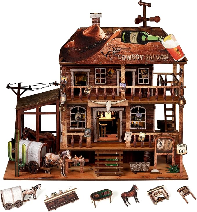 Cowboy Saloon Miniature Kit - DIY Miniature House Kit for Adults, Teens, Dollhouse Booknook Bookshelf Insert Decor with LED Light, 3D Wooden Puzzle Gifts for Family, Friends