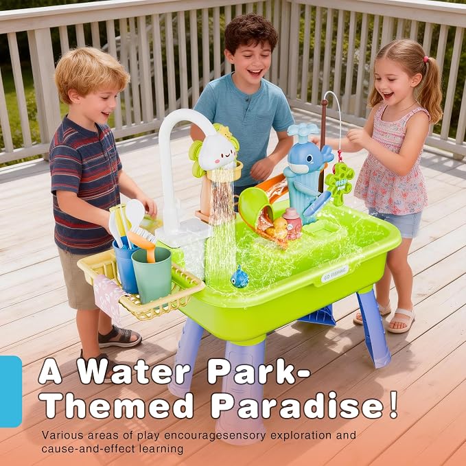 2026 Upgraded Water Table for Toddlers 1-3, Kids Play Sink with Running Water, Toddler Kitchen Sink Toy with Pump, Fishing Game & Sensory Water Play Toys for Boys Girls (Green)