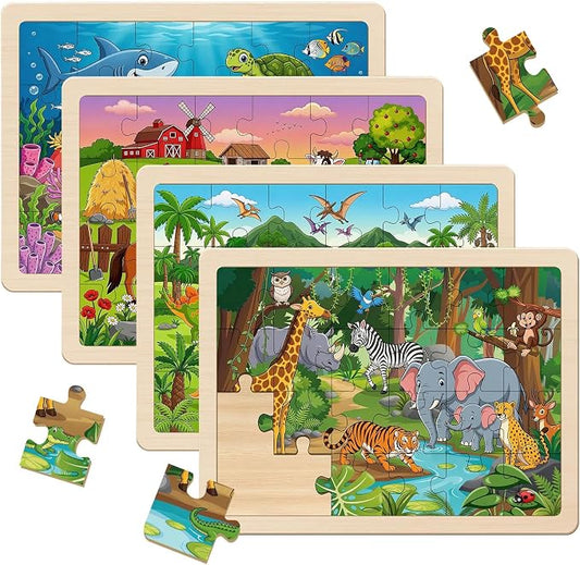 Wooden Puzzles for Kids Ages 4-6, Set of 4 Packs with 24 Piece Wooden Jigsaw Puzzles Preschool Educational Learning Toys Gifts for 3 4 5 6 Boys Girls