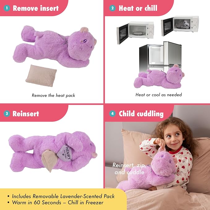 Lilly's Love Heatable & Coolable Lavender Scented Weighted Stuffed Animal - Microwavable Heatable Pad for Kids & Adults - Machine Washable Plushie - Calming Stuffed Animal for Anxiety - Hippo