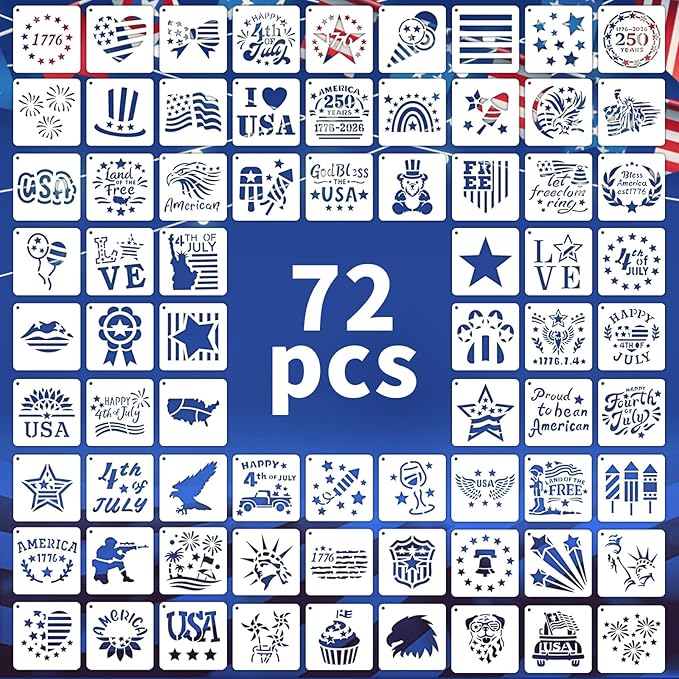 72 PCS 3x3 Inch Independence Day Stencils for Painting - Reusable USA Flag Patriotic Painting Templates, Red White and Blue Party Supplies for 4th of July Memorial Day Painting Stencil