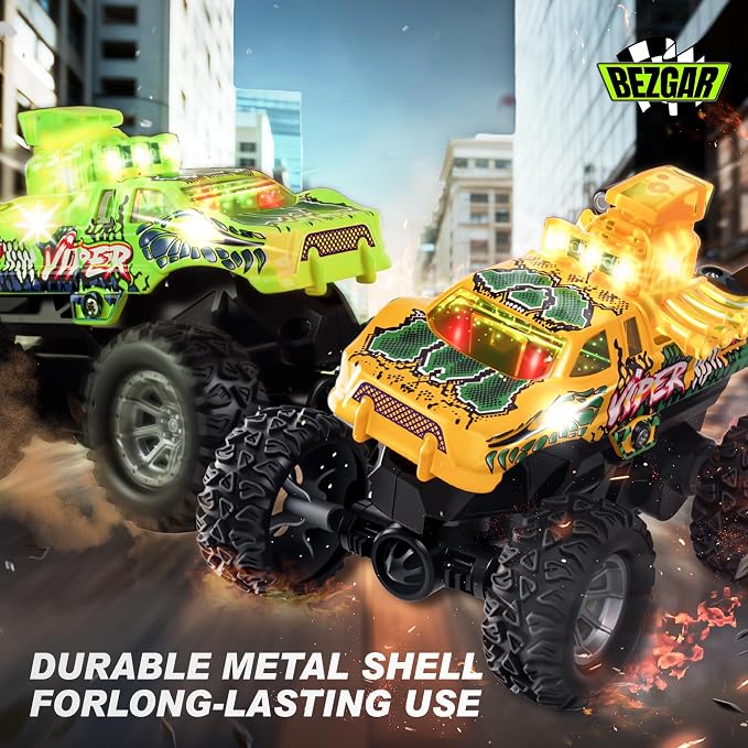 BEZGAR Monster Truck Toys - 2.4GHz 1:64 Remote Control Car with Colorful Lights, 360° Spins, Metal Shell - Remote Control Monster Truck for Boys Girls Age 6, 7, 8, 9, 10 Years Old(Green)
