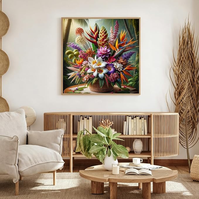 Tropical Flower Bouquet Diamond Painting Kit for Adults, Plumeria Jungle Floral, 5D Full Round Drill Diamond Art Beginners Canvas for Home Wall Decor, DIY Paint by Diamonds Dot Gem Craft13.8x13.8 Inch