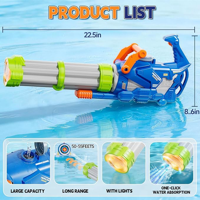 Electric Big Gatling Squirt Water Gun for Kids Adults - High Power Automatic Water Blaster with Large Capacity, Outdoor Summer Pool Long Range Water Toys Fight Games for Kid Age 8-12 Year Old