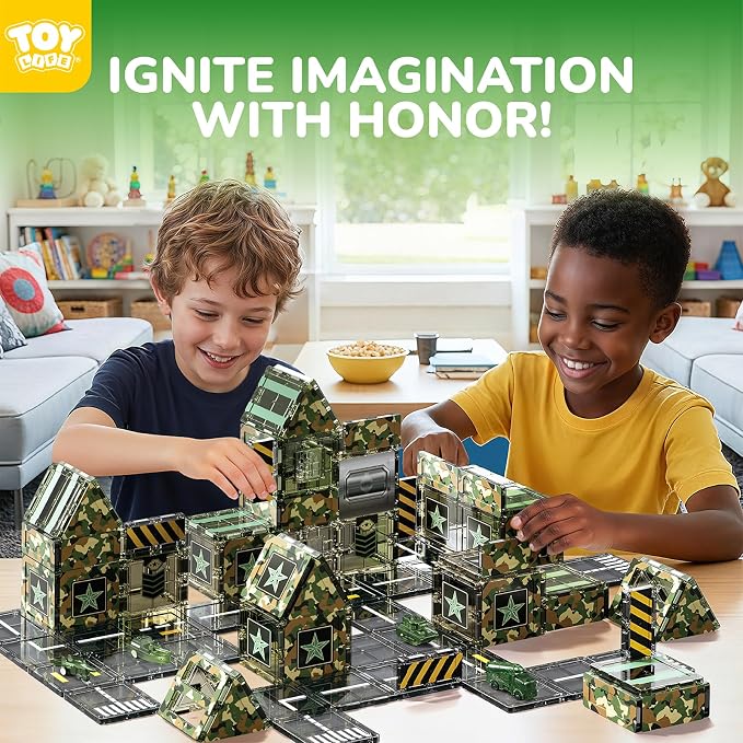 TOY Life 58PCS Magnetic Tiles Military, Army Toys Building Set for Kids Ages 4-8, STEM Magnetic Building Blocks for Toddler 3-5, Educational Magnet Tile Army Men Base Set for Boys & Girls Ages 3+