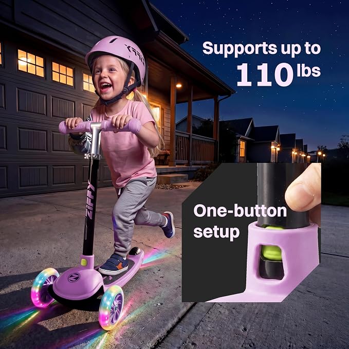 JOVA ZIFFY Multicolor 3 Wheel Scooter for Kids 3-5, Toddler Kick Scooters with LED Light-Up Wheels for Boys and Girls, 5 Adjustable Height and Lean-to-Steer Design, Support up to 110 lbs