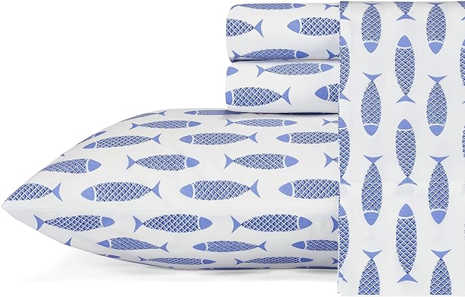 Nautica – Full Size Sheet Set, Crisp Cotton Percale Bedding with Matching Pillowcases, Lightweight & Breathable Bed Sheets, Deep Pocket, College Dorm Room Essentials (Woodblock Fish Blue)
