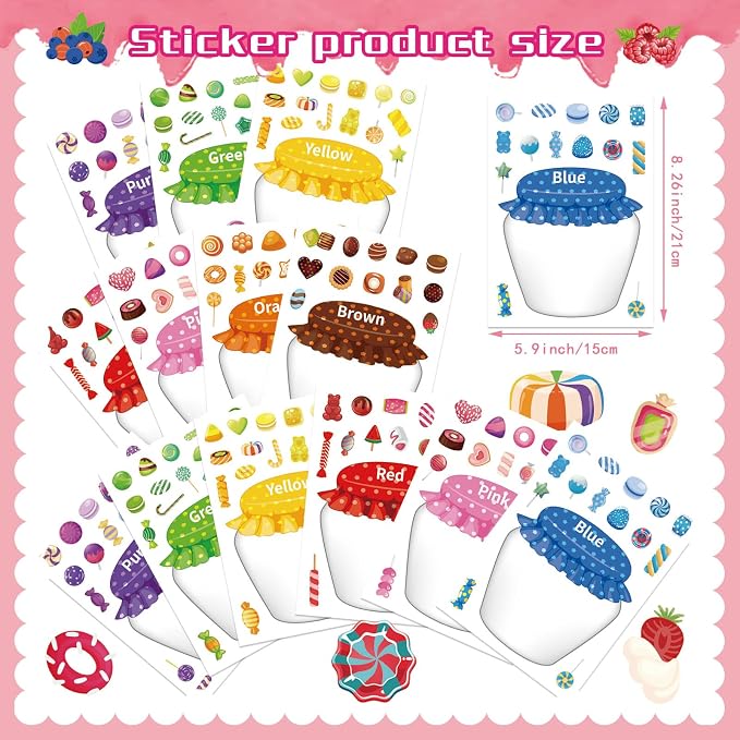 24 Sheets Candy Stickers Colorful, Make Your Own Sweets Jar Sticker for Kids, 8 Color Designs Candy Party Sweets Themed Dessert, Teacher Reward Decals for Home Classroom