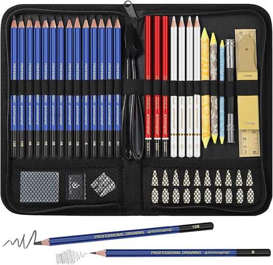 53 Pack Drawing Set Sketch Kit, Sketching Supplies for Drawing with Graphite, and Charcoal Pencils, Pro Art Drawing Kit for Artists Adults Beginner, Ideal for Shading, Blending
