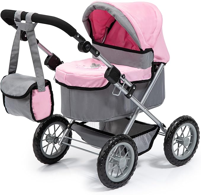 Bayer Design Baby Doll Stroller & Doll Pram for Kids Ages 2-8, Adjustable Handle, Grey/Pink