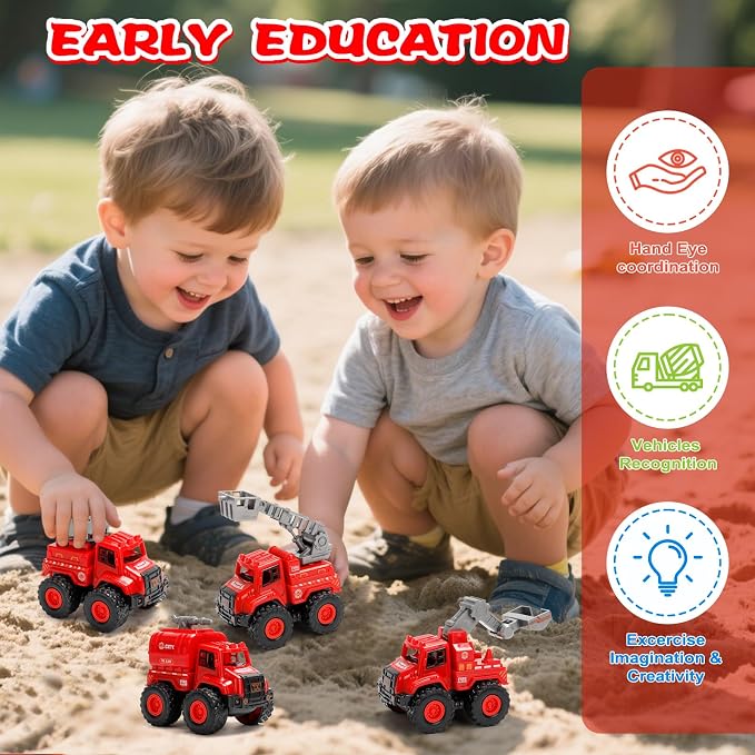 4 Pack Friction Powered Fire Truck Toys, Push and Go Emergency Vehicle Set with Ladder, Water Tank, Rescue & Drill Trucks, Durable Play Trucks for Toddlers 1-5, Gift for Boys Girls