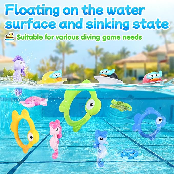 WeeHomm Pool Diving Toys for Kids, 14 PCS Swimming Pool Diving Rings, Summer Dive Sticks with Float Toys for Kids 4-8 8-12, Sea Animals Sinking Games for Teens, with Seahorse/Fish/Turtles/Ducks