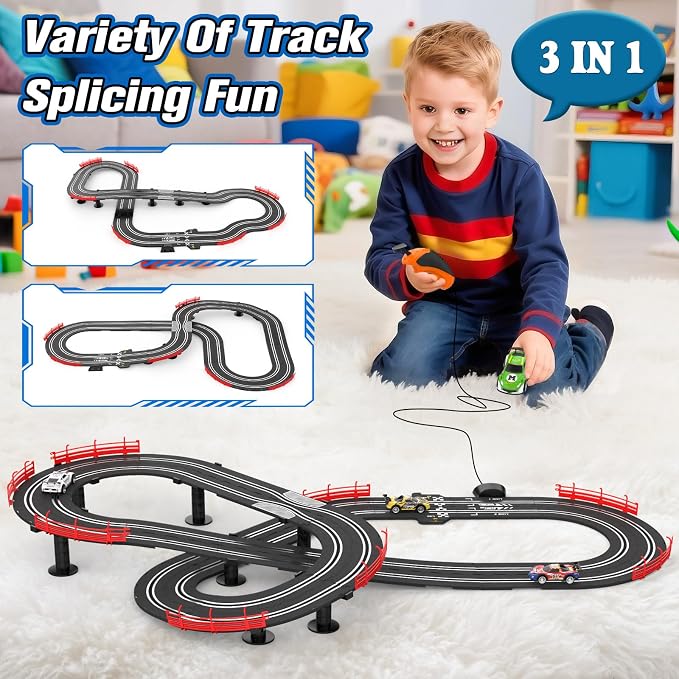 3-in-1 Slot Car Race Track Sets with 4 High-Speed Cars, Electric Track, Dual Racing Game with Lap Counter & 2 Controllers, and Circular Overpass Design – Toy Gift for Boys Kids Ages 4-6 6-8 8-12