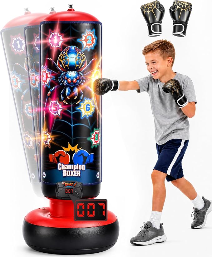 Smart Electronic Punching Bag for Kids,Boxing Set with Scoring,Lights,Music,4 Game Modes-Challenge,Memory,Inflatable Boxing Bag with Gloves,Interactive Gifts Toys for 4-12 Years Old Boys Girls