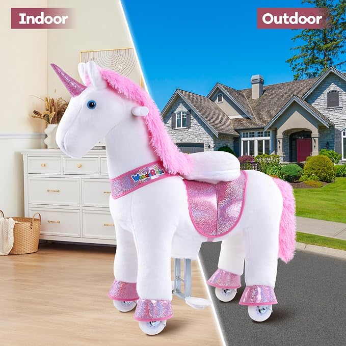 WondeRides Ride on Unicorn Pink Riding Horse Toys Size 3 for Age 3-5 Years, 30.1 inch Height Plush Riding Unicorn Pony Ride on Horse Toy Giddy up Rocking Mechanical Walking Animal with Wheels M331
