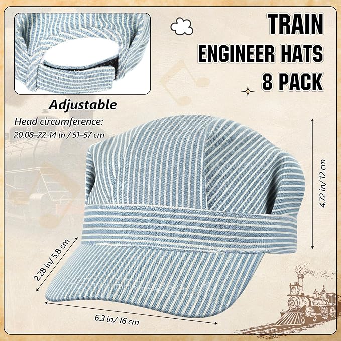 Chicingyou 8 Set Wooden Train Whistle Train Conductor Costume Choochoo Hat Dress up Kit Wood Choochoo Whistles Birthday Decorations Favors Noisemakers Goodie Bag Filler (Blue)