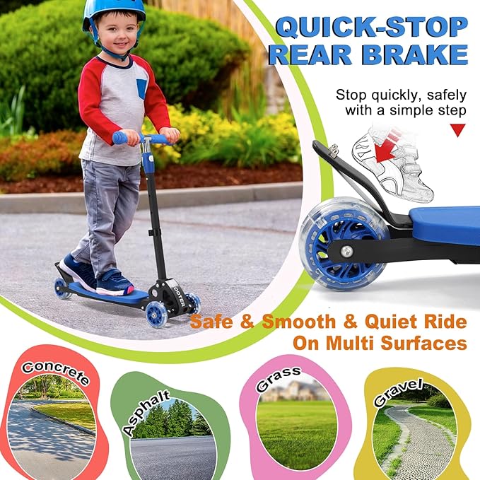 Scooter for Kids 3-5 5-7,Light up 3 Wheels Kick Scooter,Heavy Duty Folding Lean-to-Steer Scooters with 3 Adjustable Handlebar for Boys Girls,Widen Anti-Slip Deck,Rear Break,Holds up to 150Lbs